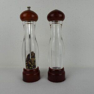 Vintage Clear Acrylic & Wood Pepper Mill And Salt Shaker Set 10"